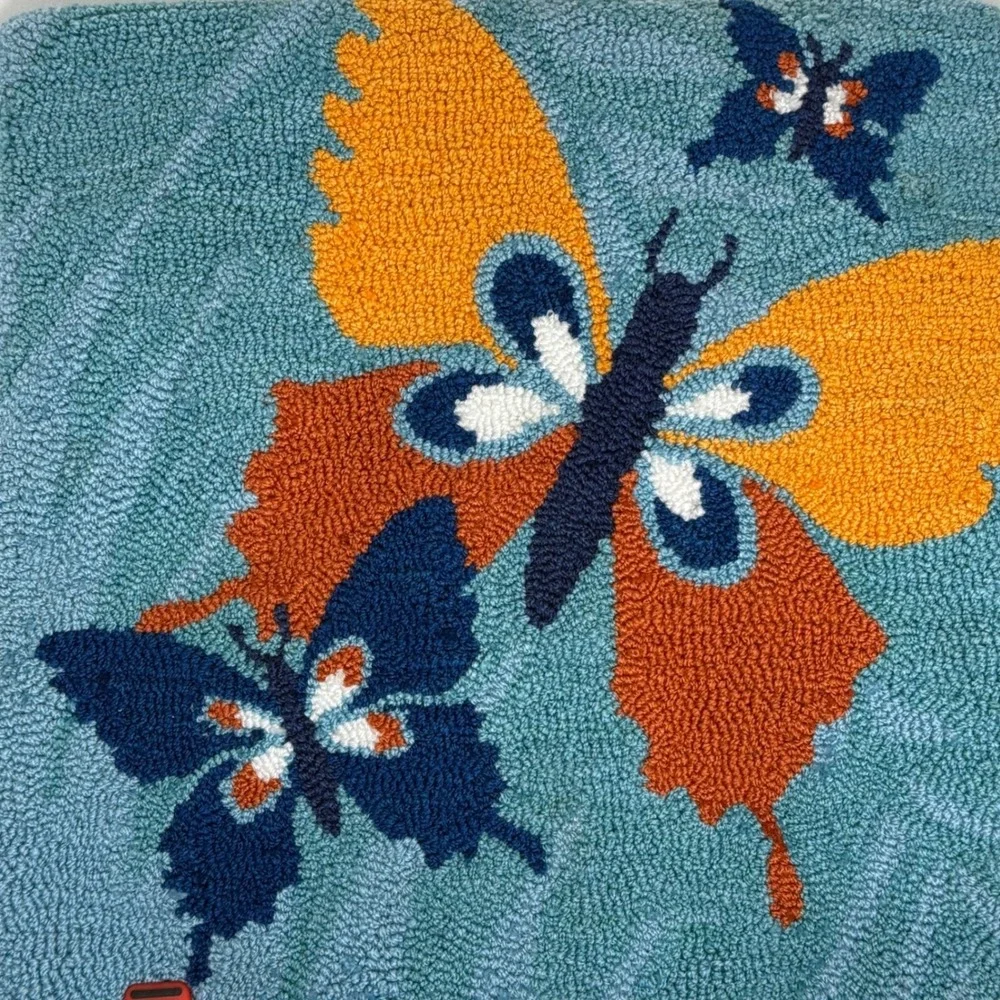 Set 2 Hooked Throw‎ Pillow Covers Butterfly Blue Orange 18x18 Colorful Fun Mod